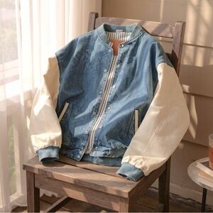 Vintage International Denim Bomber Jacket  Mens L White Sleeves Ribbed Collar